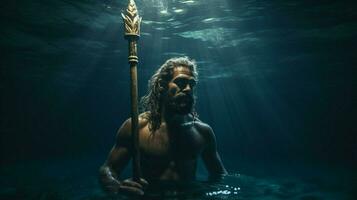 une homme avec une trident dans le l'eau photo