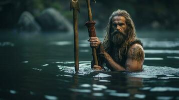 une homme avec une trident dans le l'eau photo