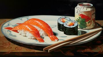 une La peinture de Sushi et une assiette avec une image de une poisson photo