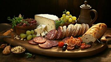 une rustique assiette de gourmet Viande fromage et Frais pain photo