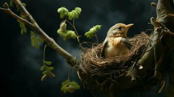 une petit oiseau trappes dans une nid sur une arbre branche photo