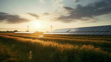 une solaire ferme dans le champ avec une le coucher du soleil dans le Contexte photo