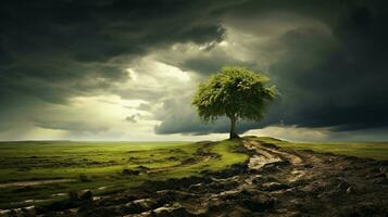 une arbre dans une champ avec une orageux ciel photo