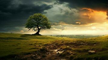 une arbre dans une champ avec une orageux ciel photo