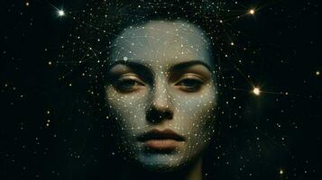 une les femmes visage avec une constellation de étoiles sur il photo