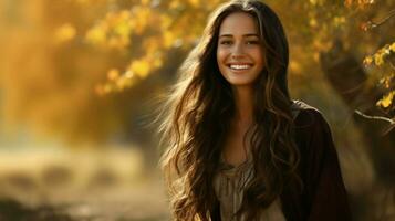 une Jeune femme avec longue marron cheveux sourit dans la nature photo