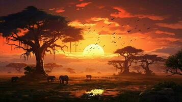 Afrique savane à le coucher du soleil animaux pâturer ancien des arbres photo