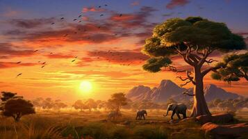 Afrique savane à le coucher du soleil animaux pâturer ancien des arbres photo