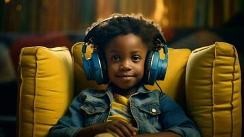 africain enfant séance à l'intérieur écoute à écouteurs photo