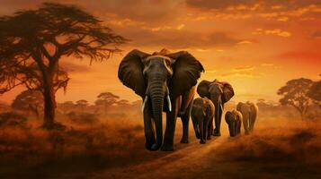 africain l'éléphant troupeau en marchant à le coucher du soleil dans la nature photo