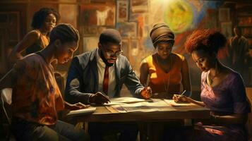 africain Hommes et femmes apprentissage à l'intérieur Jeune adultes étude photo