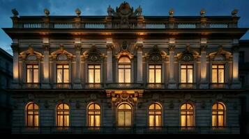 architecture célèbre bâtiment façade illuminé dans crépuscule photo