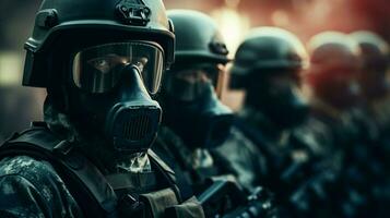 armée soldats portant protecteur masques et casques objectif photo