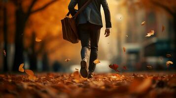 l'automne feuilles chute homme d'affaire en marchant en plein air photo