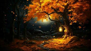 l'automne nuit illuminé lanterne arbre Jaune feuille photo