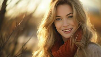 magnifique femme souriant à la recherche à caméra en plein air photo