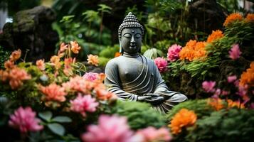 bouddhisme statue dans floral jardin scène photo