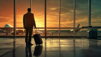 homme d'affaire en portant bagage attendre pour aéroport arrivée photo