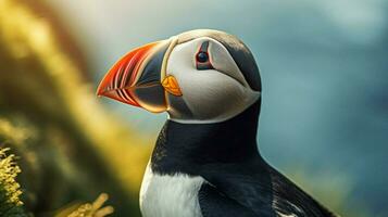 proche en haut de une macareux le bec une magnifique animal dans la nature photo