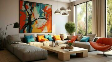 confortable moderne vivant pièce avec vibrant Naturel Couleur photo