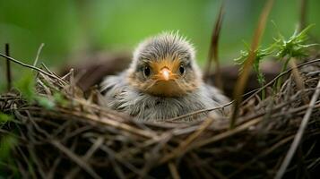 mignonne bébé oiseau avec duveteux plumes dans une herbeux photo