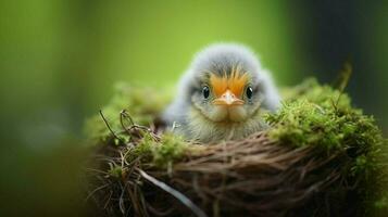 mignonne bébé oiseau avec duveteux plumes dans une herbeux photo