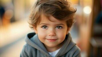 mignonne caucasien enfant à la recherche à caméra proche en haut souriant photo