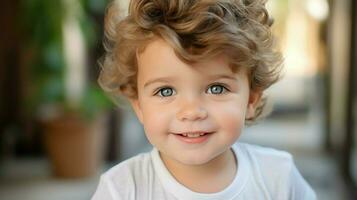 mignonne caucasien enfant à la recherche à caméra proche en haut souriant photo