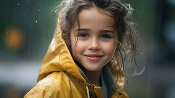 mignonne caucasien fille souriant à la recherche à caméra dans le pluie photo