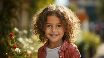 mignonne enfant en plein air souriant à la recherche à caméra de bonne humeur photo