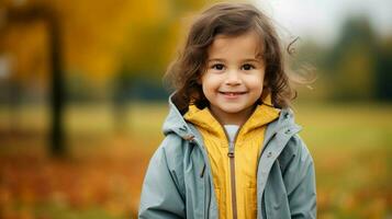 mignonne enfant en plein air souriant à la recherche à caméra de bonne humeur photo