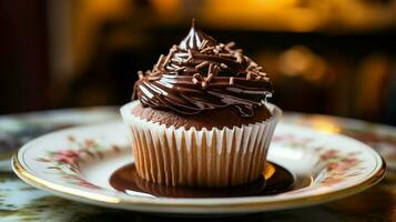 mignonne fait maison petit gâteau avec Chocolat glaçage une sucré photo