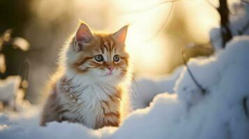 mignonne chaton en jouant dans le neige entouré par la nature beauté photo