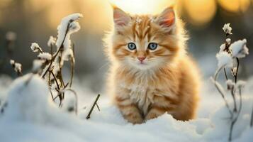 mignonne chaton en jouant dans le neige entouré par la nature beauté photo