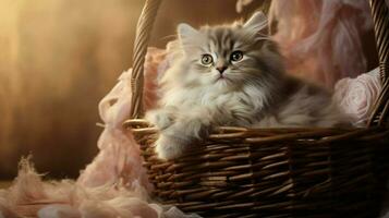 mignonne chaton séance dans une panier duveteux fourrure et moustaches photo