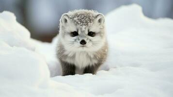 mignonne mammifère à la recherche à caméra duveteux fourrure en marchant dans neige photo