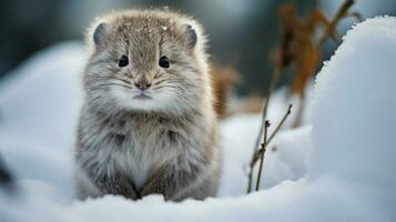 mignonne mammifère séance dans neige regarder à caméra moustaches photo