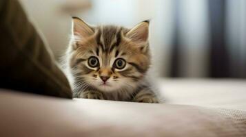 mignonne petit chaton avec duveteux fourrure à la recherche à caméra curio photo