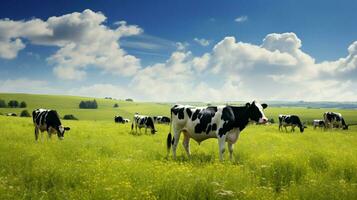 laitier vache groupe pâturage dans biologique Prairie photo