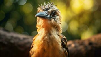 mignonne Jeune oiseau avec le bec à la recherche à caméra dans la nature photo