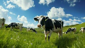 laitier vache groupe pâturage dans biologique Prairie photo