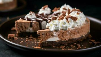 décadent Chocolat cheesecake tranche sur noir assiette photo