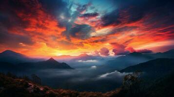 spectaculaire ciel Montagne silhouette à le coucher du soleil étourdissant photo
