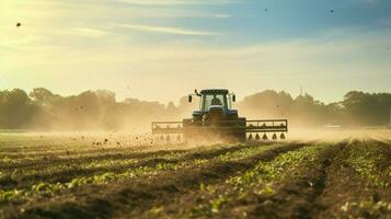 agriculteur charrues champ avec lourd machinerie dans lumière du soleil photo