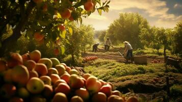 Les agriculteurs récolte Frais fruit dans le l'automne lumière du soleil chaleur photo