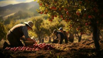 Les agriculteurs récolte Frais fruit dans le l'automne lumière du soleil chaleur photo