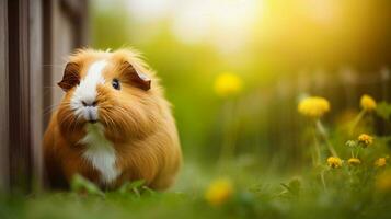 duveteux Guinée porc dans vert herbe proche en haut portrait photo