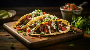 Frais du boeuf taco sur en bois table avec sauce photo