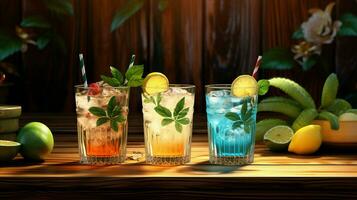 Frais des cocktails sur en bois table avec feuilles photo
