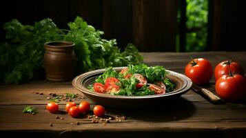 Frais en bonne santé végétarien repas sur en bois table avec tomate photo